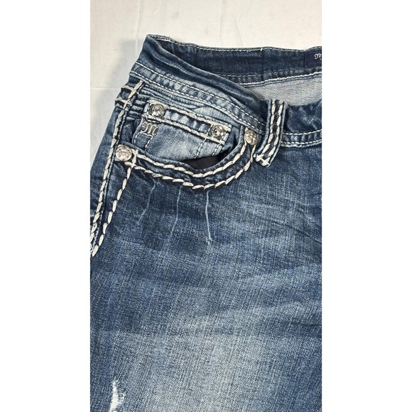 Miss Me Jeans Womens 30 Blue Mid Rise Bootcut Distressed Flap Pockets Rhinestone - Picture 7 of 16